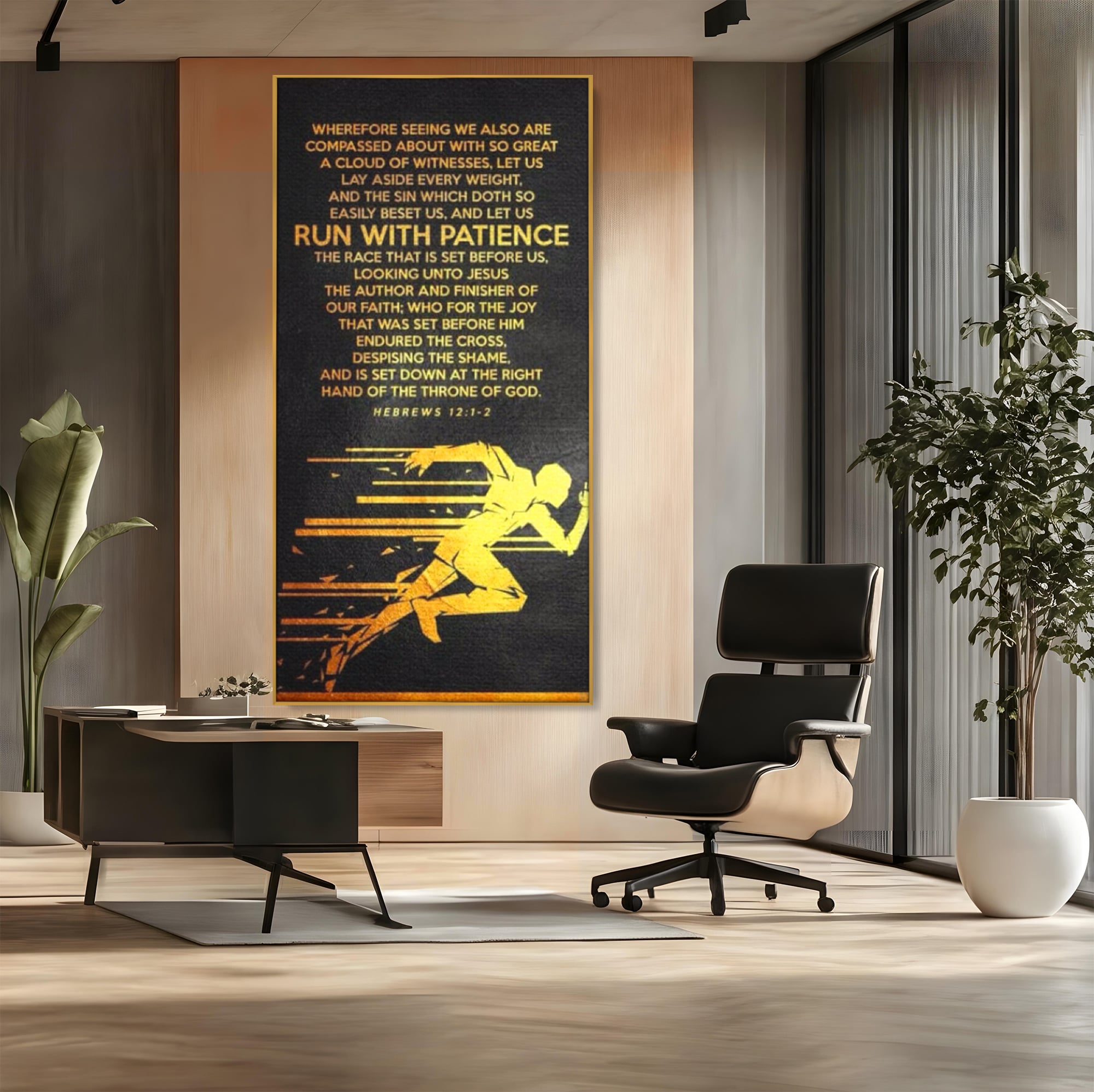 Tablou canvas cu tablou canvas cu alergator si verset biblic, in rama de aluminiu auriu, pe perete intr-un birou